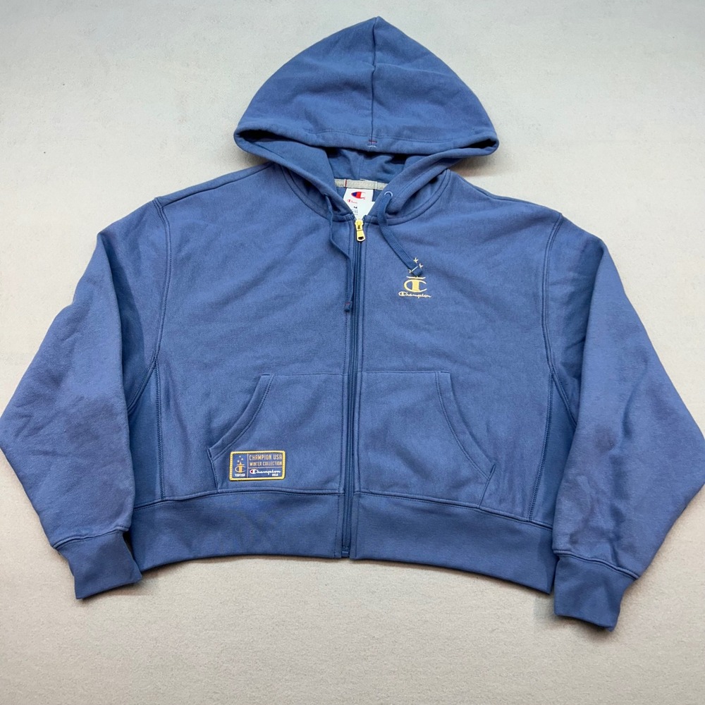 NWT Champion USA Winter Collection Blue Full Zip Cropped Hoodie Womens M